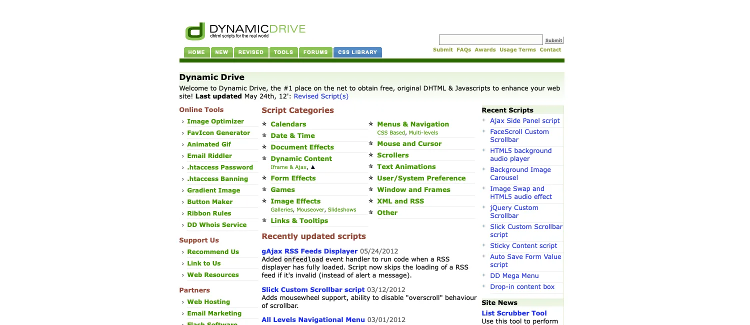 A screenshot of Dynamic Drive in 2012, courtesy of Archive.org.