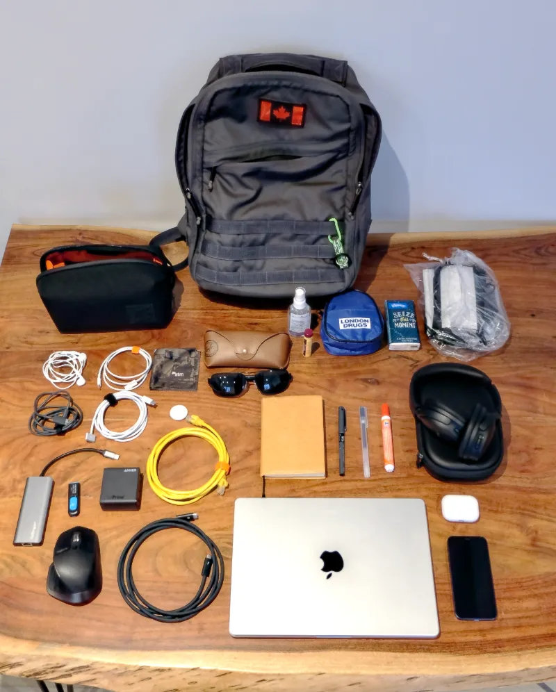 Wooden table with a backpack and its contents placed in front of it.